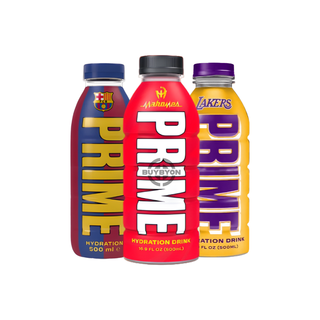 Prime Hydration Patrick Mahomes x LA Lakers x FC Barcelona Bundle, featuring limited edition 500ml bottles. Available at Buybyon UK for fans and athletes, packed with electrolytes and zero sugar.