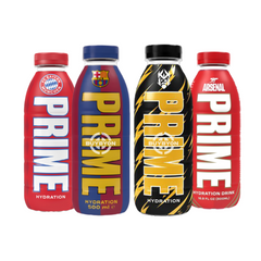 Prime Hydration Sports Bundle featuring limited edition 500ml bottles from FC Barcelona, FC Bayern Munich, Arsenal, and Kings League. Packed with electrolytes and zero sugar, available at Buybyon UK for fans and athletes.