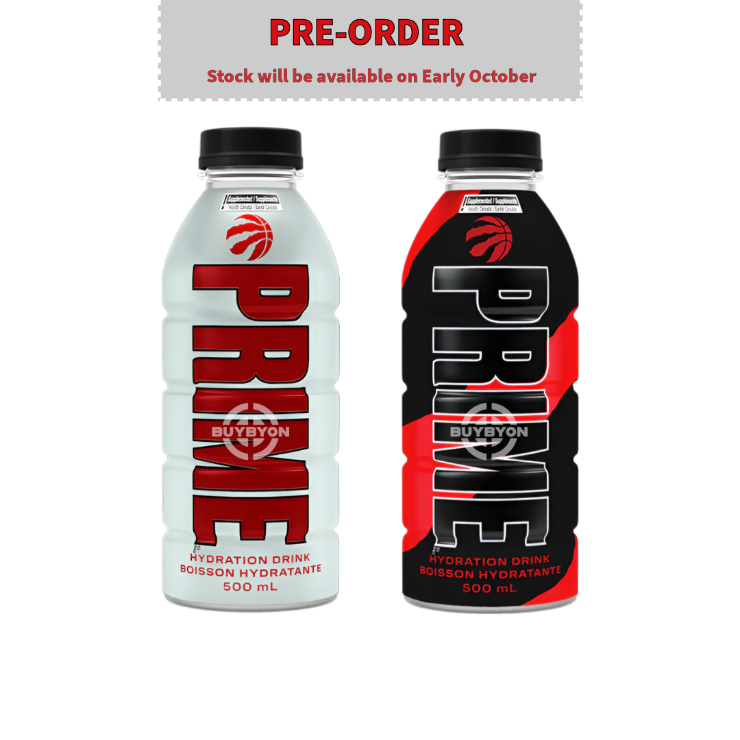 Prime Hydration Toronto Raptors Twin Pack - 500ml, featuring both Black and White Limited Edition bottles, available for pre-order at Buybyon. Secure yours today and stay hydrated in style!