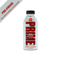 Prime Hydration Toronto Raptors White Limited Edition 500ml bottle, now available for pre-order at Buybyon. Stay hydrated with this exclusive drink, perfect for Raptors fans and athletes alike. Expected delivery in early October.