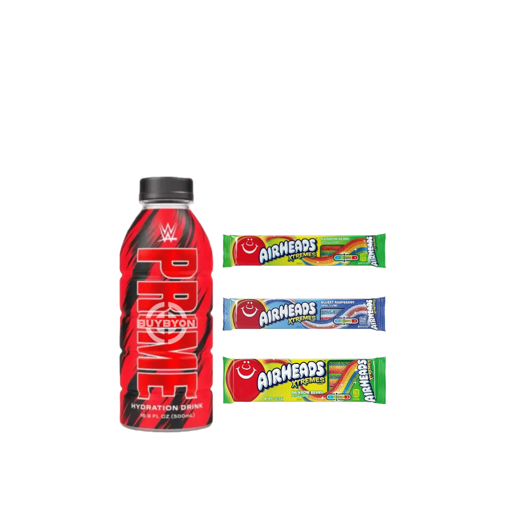 Prime Hydration WWE Limited Edition bottle next to a pack of Airheads Xtremes candy, highlighting the special WWE design and the combination of hydration with tangy, fruity flavour.