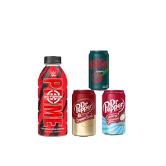 Prime Hydration WWE Limited Edition bottle beside a bottle of Dr Pepper, showcasing the limited edition WWE design and the classic Dr Pepper soda.