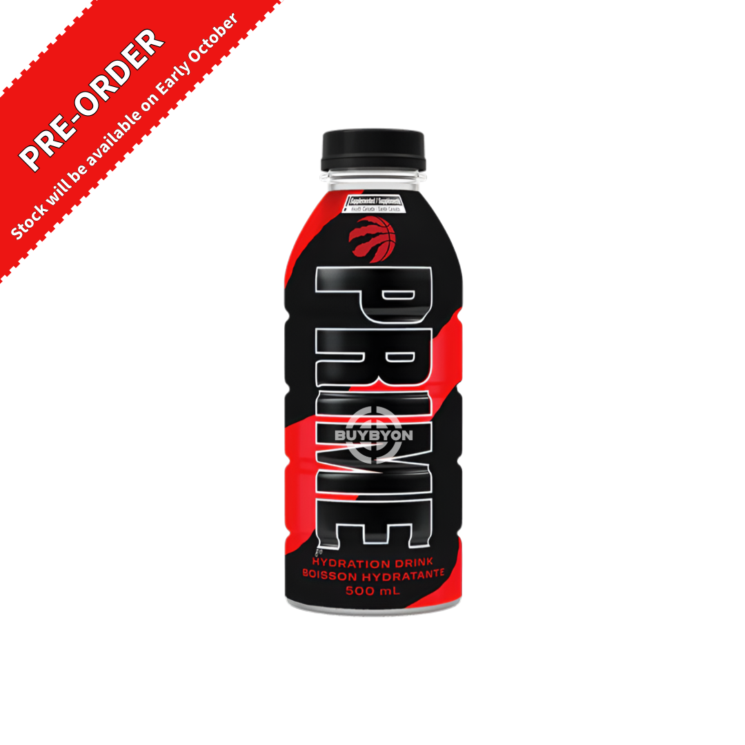 Prime Hydration Toronto Raptors Black Limited Edition 500ml bottle, available for pre-order at Buybyon. Celebrate your favourite team with this exclusive flavour, perfect for hydration and energy boosts.