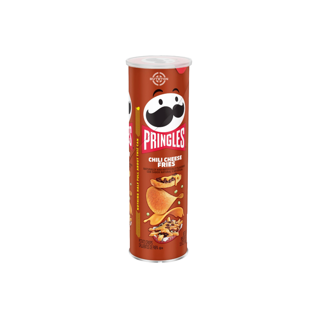 Pringles Chilli Cheese Fries 156g can with spicy chilli and cheese flavour.