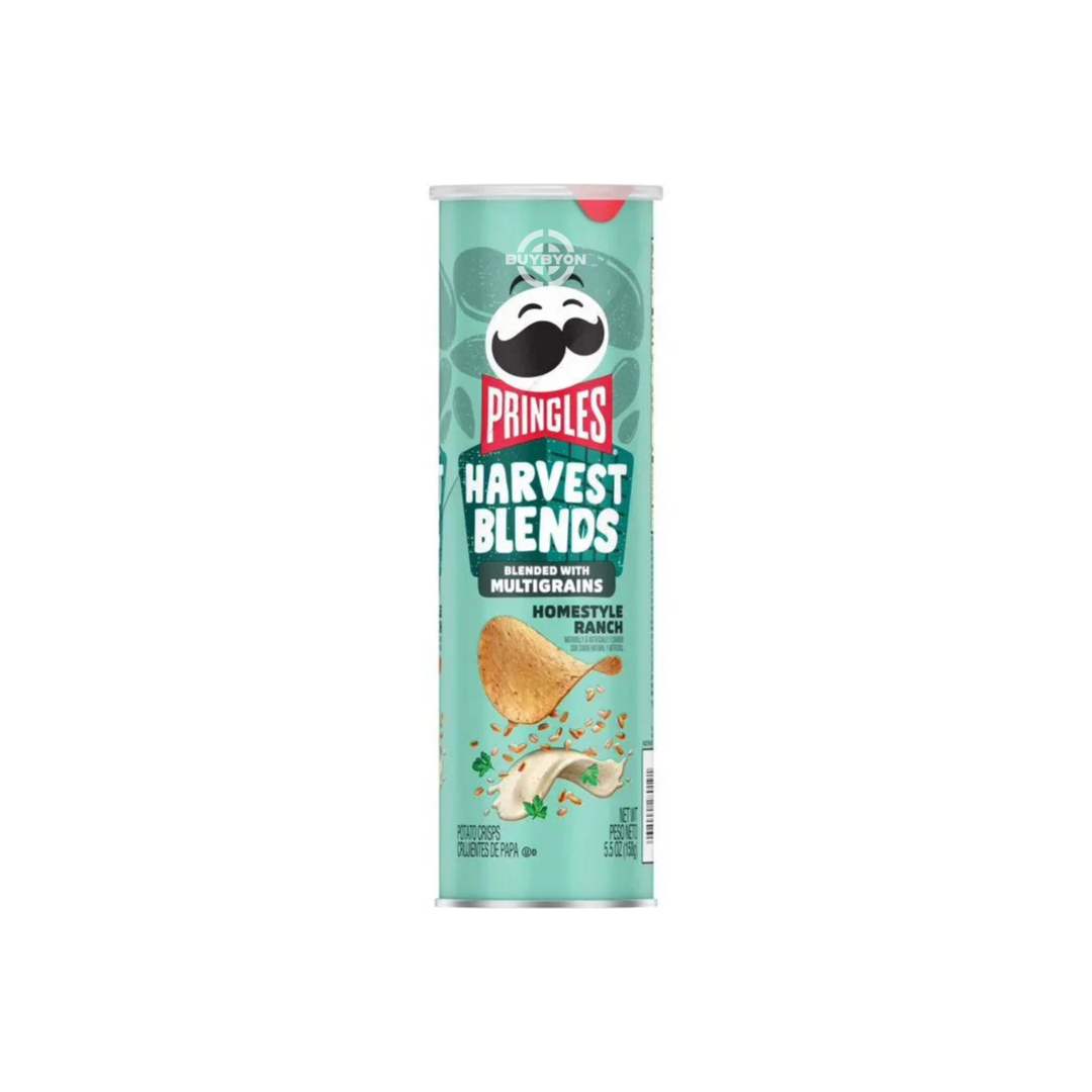 Pringles Harvest Blends Ranch 157.9g can with tangy ranch-flavoured crisps.