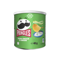 Pringles Sour Cream &amp; Onion Snacking Crisps - 40g pack, featuring tangy sour cream and zesty onion flavours in a resealable canister. Ideal for on-the-go snacking and maintaining crispiness