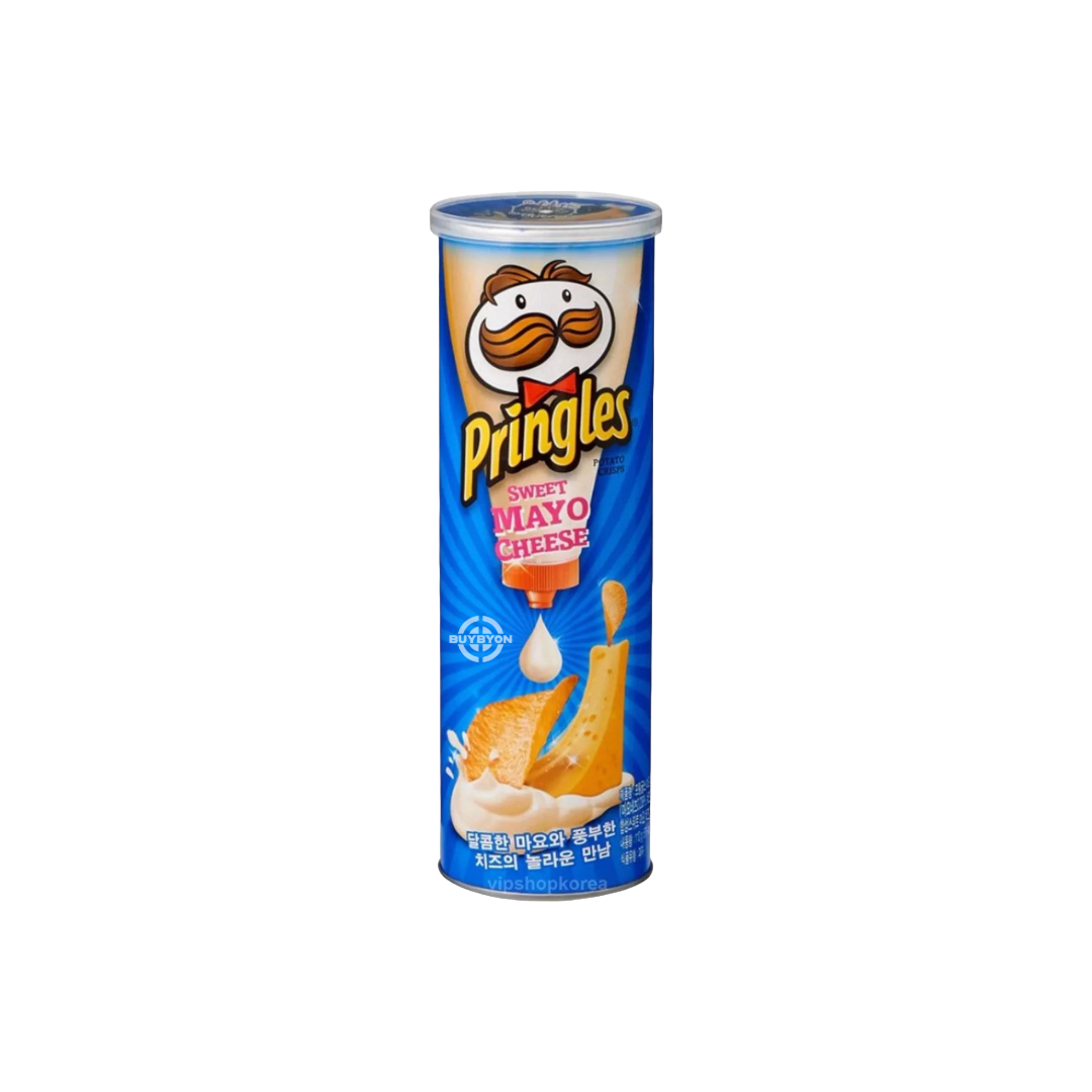 Pringles Sweet Mayo Cheese 110g can with creamy mayo and cheese flavour.
