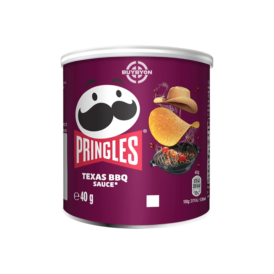 Pringles Texas BBQ Sauce - 40g pack, featuring a bold, smoky BBQ flavour. Perfect for adding a tangy kick to snacks and meals, and conveniently sized for on-the-go enjoyment