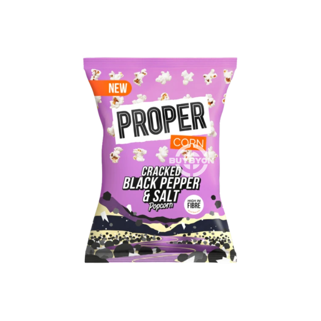 Proper Popcorn Black Pepper & Salt – 70g bag featuring light and crunchy popcorn seasoned with black pepper and salt for a balanced snacking experience.