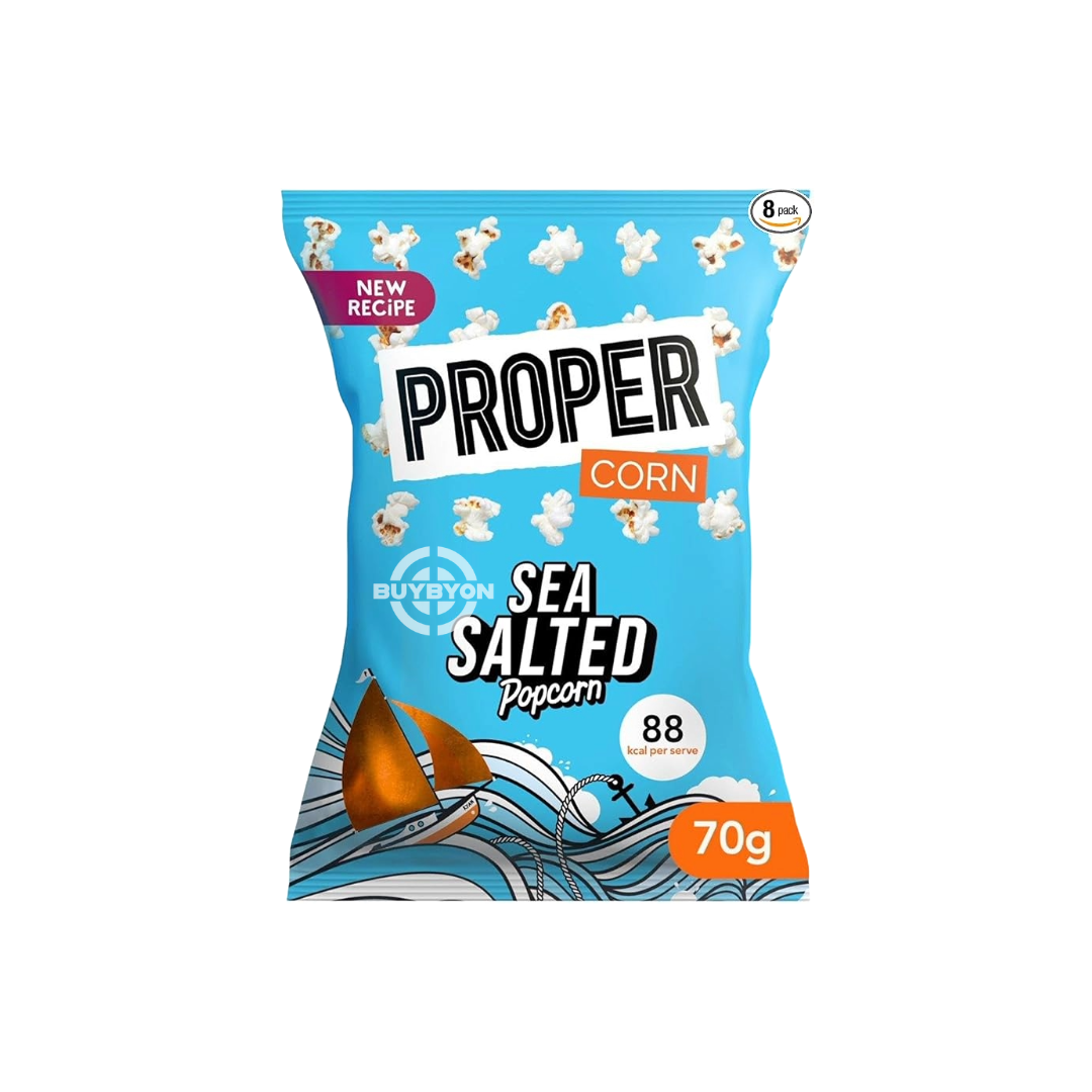 Proper Popcorn Lightly Sea Salted – 70g bag featuring light and crispy popcorn with a hint of sea salt, perfect for a guilt-free snack anytime.