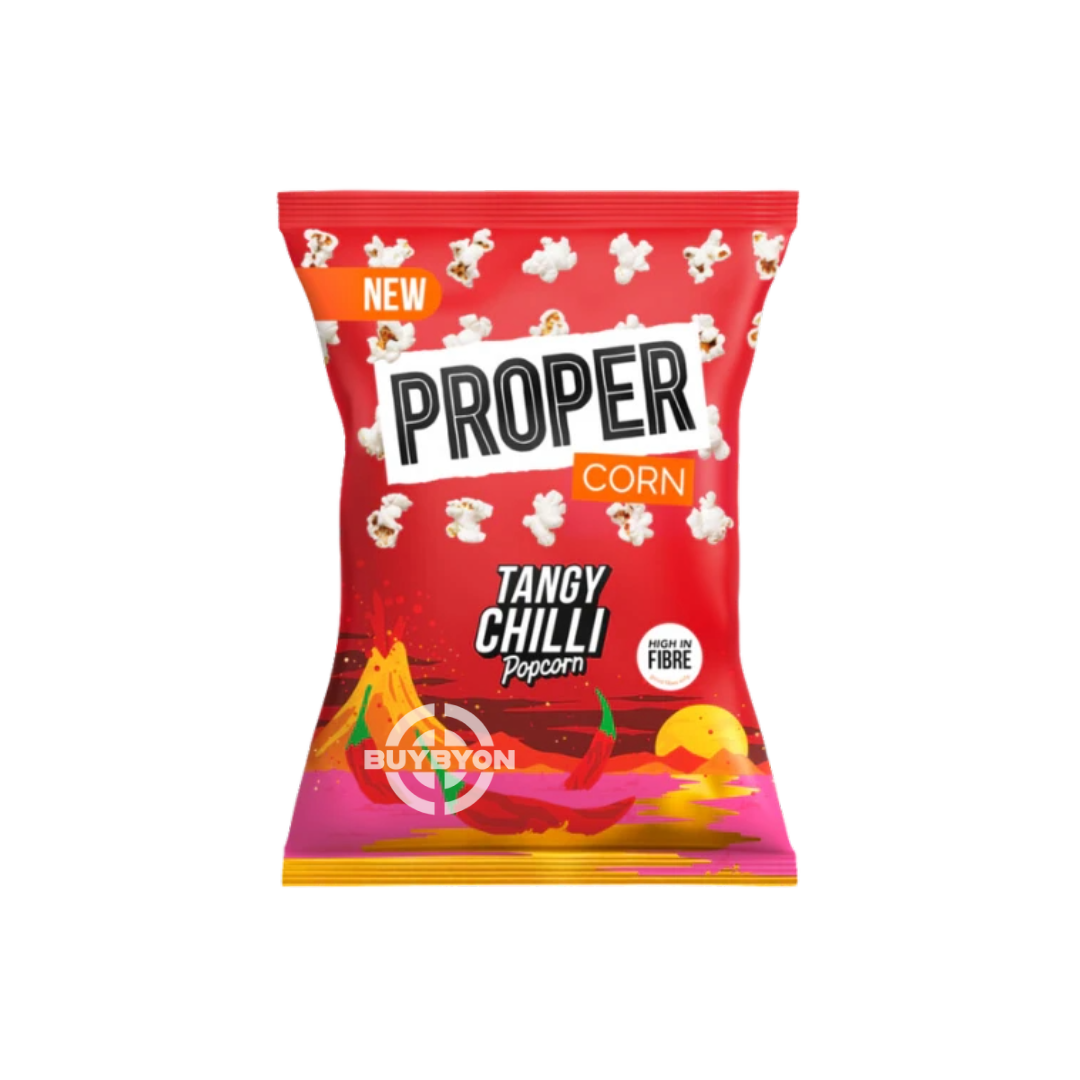 Proper Popcorn Tangy Chilli – 70g bag featuring light and crunchy popcorn infused with tangy chilli seasoning for a bold snacking experience.