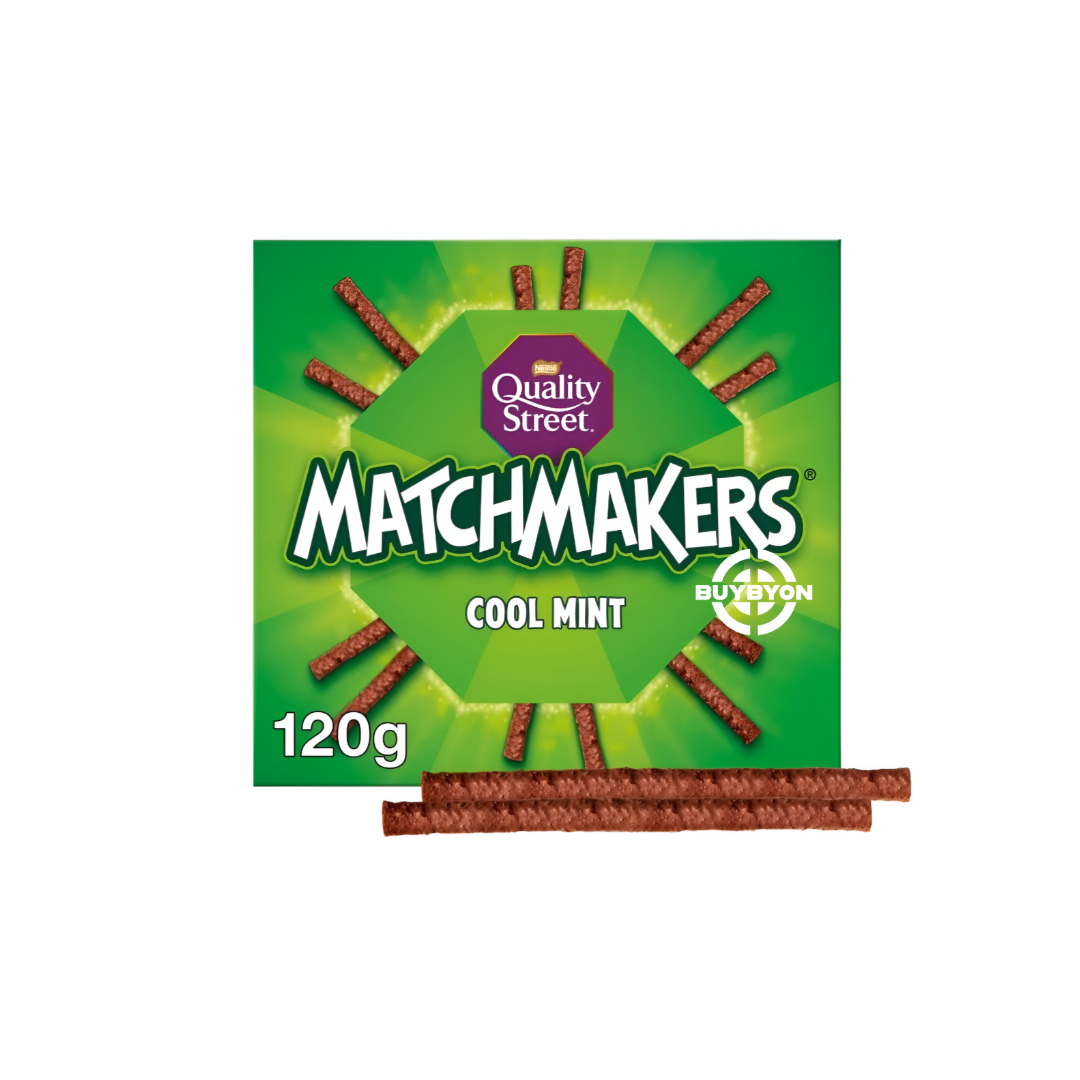 Quality Street Matchmakers Mint Chocolate Box - 120g, featuring slim, mint-flavoured milk chocolate sticks perfect for sharing.