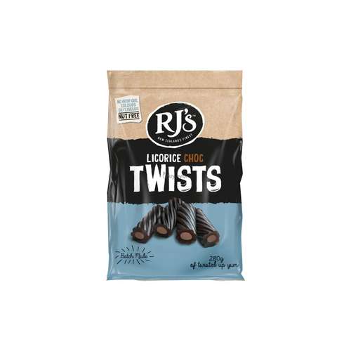 A bag of RJ's Licorice Choc Twists on a plain white background. The packaging features a kraft paper top section, a black middle section with white text, and a light blue bottom section showing an illustration of the chocolate twists.
