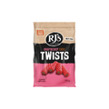 A 280g bag of RJ's Raspberry Choc Twists on a plain white background. The packaging features a kraft paper top half, a black middle section with the RJ's logo and product name, and a pink bottom section showing illustrations of the candy.