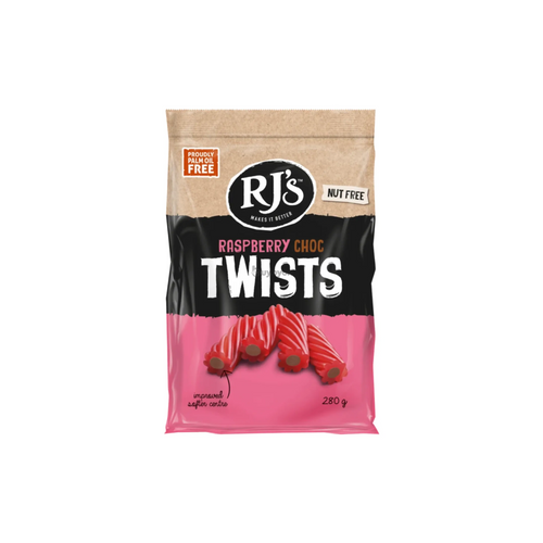 A 280g bag of RJ's Raspberry Choc Twists on a plain white background. The packaging features a kraft paper top half, a black middle section with the RJ's logo and product name, and a pink bottom section showing illustrations of the candy.
