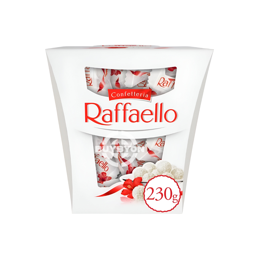 Raffaello Coconut and Almond Pralines Gift Box - 23 Pieces, 230g featuring creamy almond pralines coated in coconut flakes, ideal for gifting and indulgent moments.