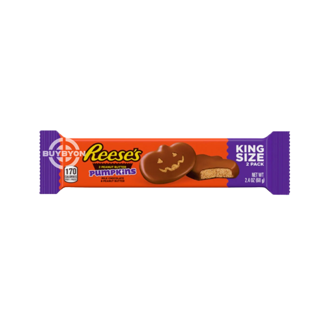 Reese's 2 Peanut Butter Pumpkins King Size – 68g pack with two pumpkin-shaped chocolate treats filled with creamy peanut butter, perfect for Halloween.