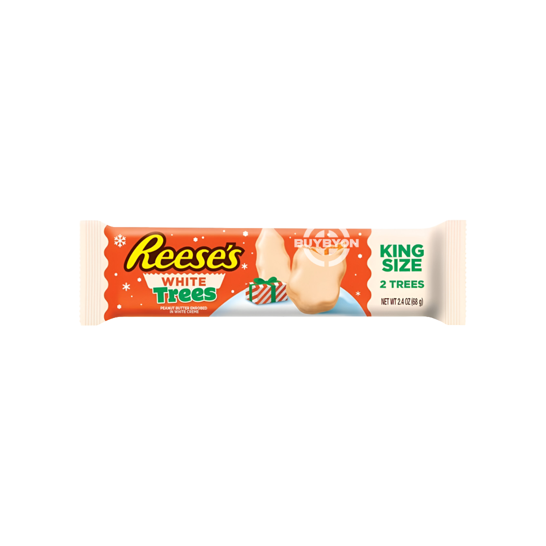 Reese's Peanut Butter Trees White King Size - 68g featuring a festive Christmas tree shape filled with creamy peanut butter and coated in smooth white chocolate.