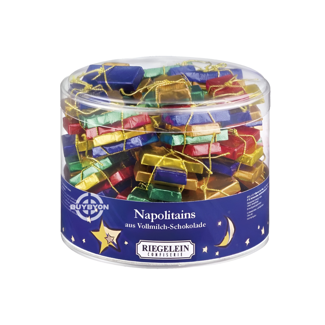 Riegelein Milk Chocolate Napolitains Drum - 12.28g featuring individually wrapped, bite-sized milk chocolates perfect for festive gifting or personal enjoyment.