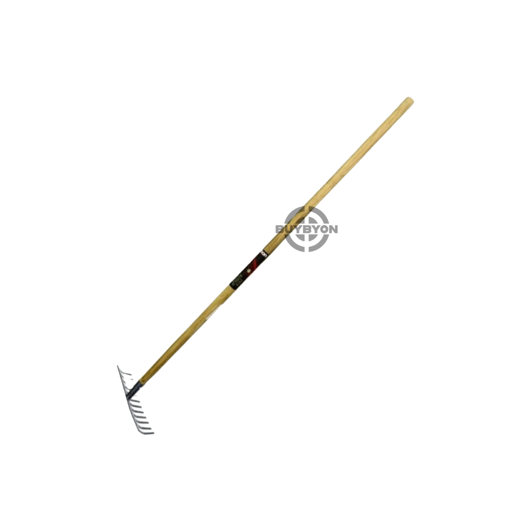 Rolson Carbon Steel Garden Rake with a sturdy carbon steel head and ergonomic handle, shown in use for soil preparation and debris removal in a garden setting.