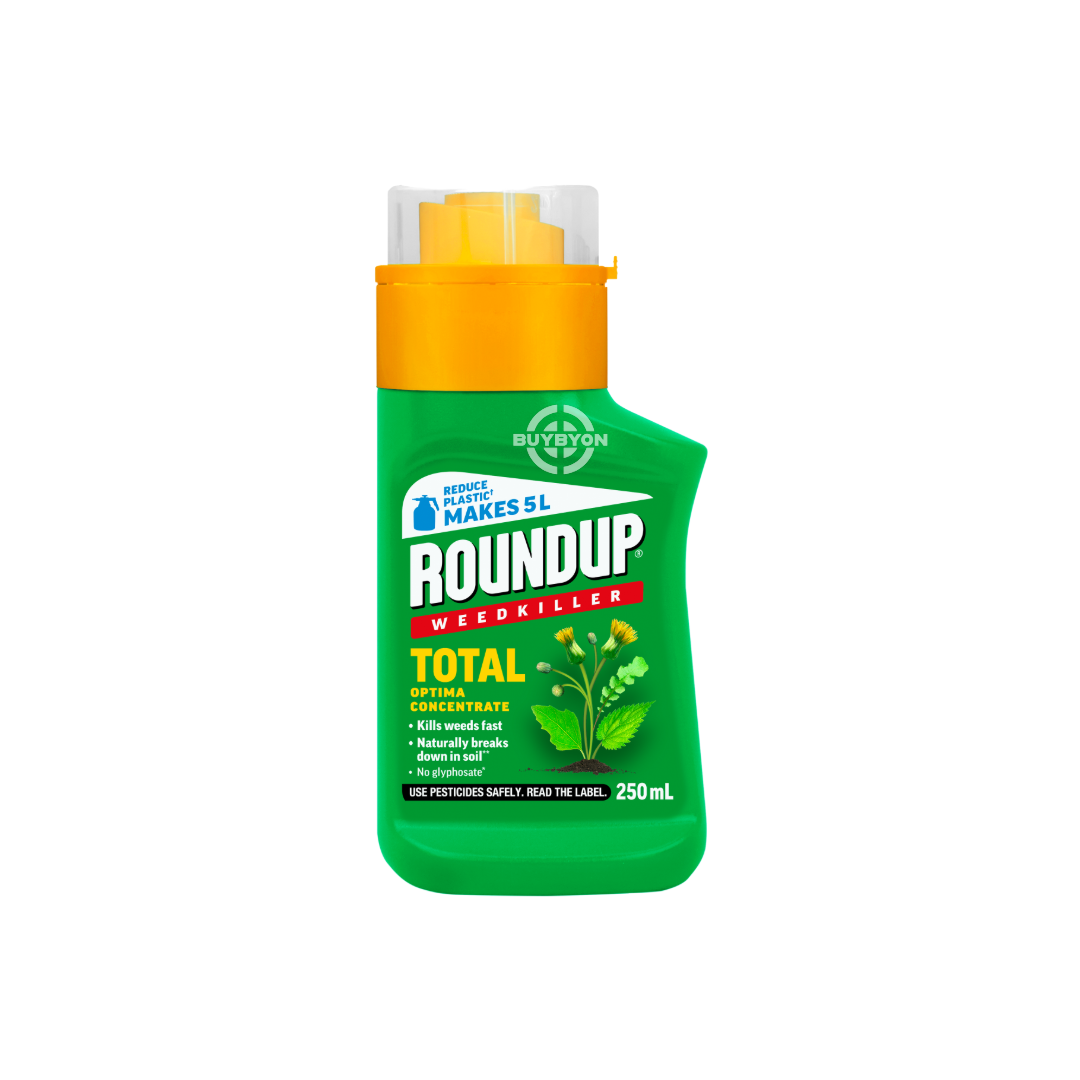 Roundup Total Optimal Weed Control Concentrate - 250ml bottle, designed for mixing with water to effectively eliminate a wide range of weeds in various outdoor areas.