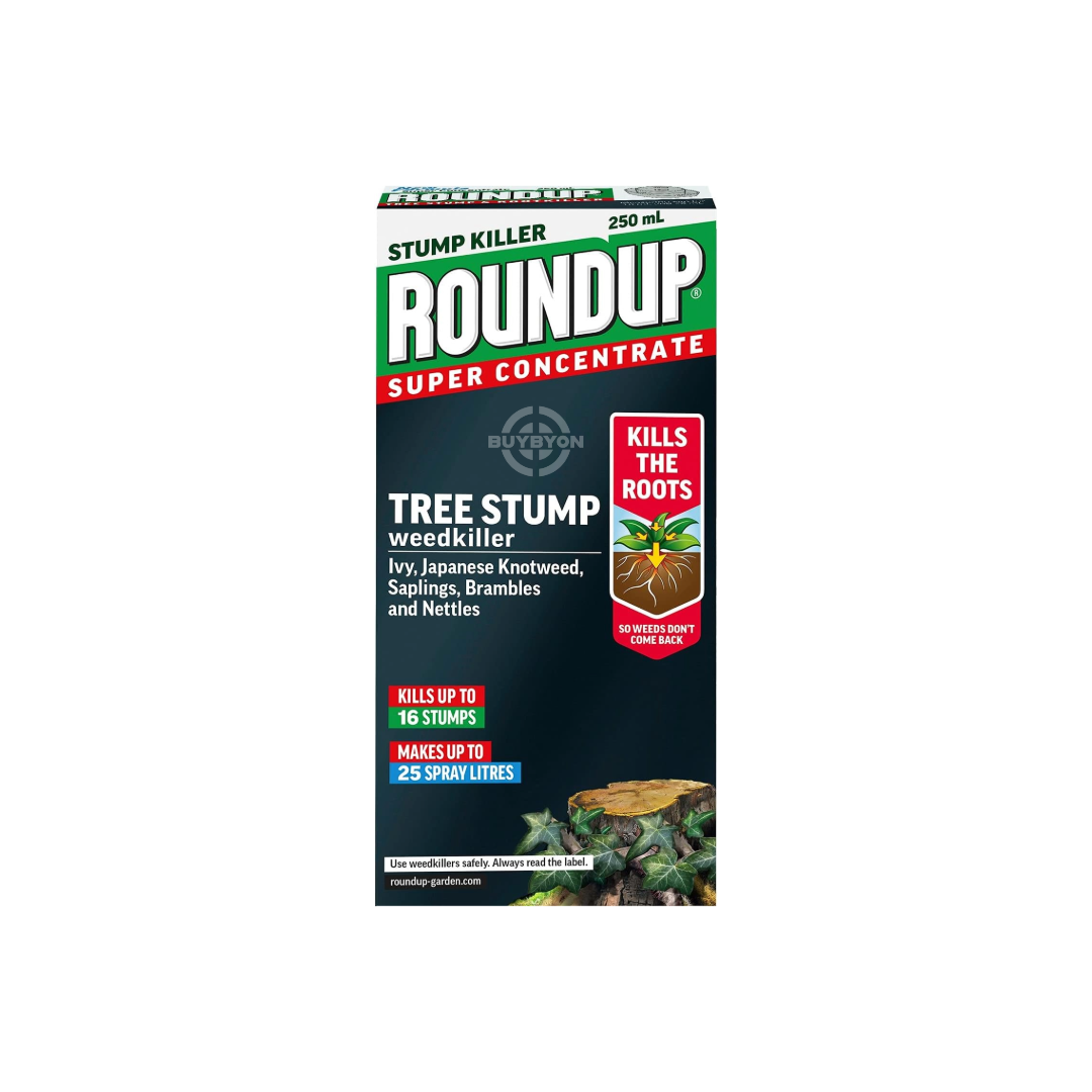 Roundup Tree Stump and Root Killer - 250ml bottle, designed to effectively eliminate tree stumps and roots, preventing regrowth and preparing areas for new planting.