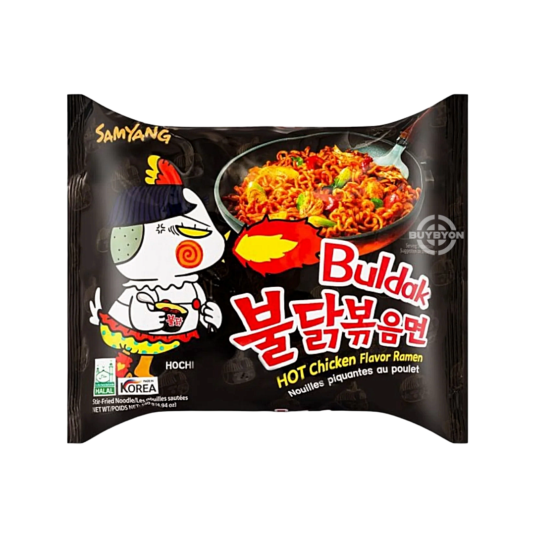 Samyang Buldak Hot Chicken Ramen fiery Korean instant noodles, known for their intense spice and rich flavour. Available at Buybyon UK for spice lovers.