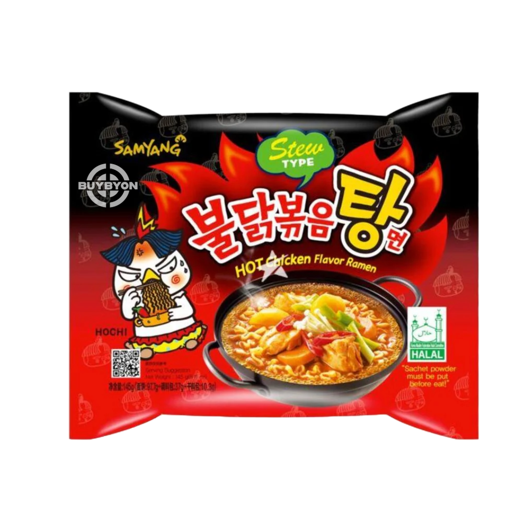 Samyang Buldak Stew Type Chicken Ramen, spicy Korean soup noodles with rich, savoury broth. Available at Buybyon UK for lovers of bold and fiery ramen.