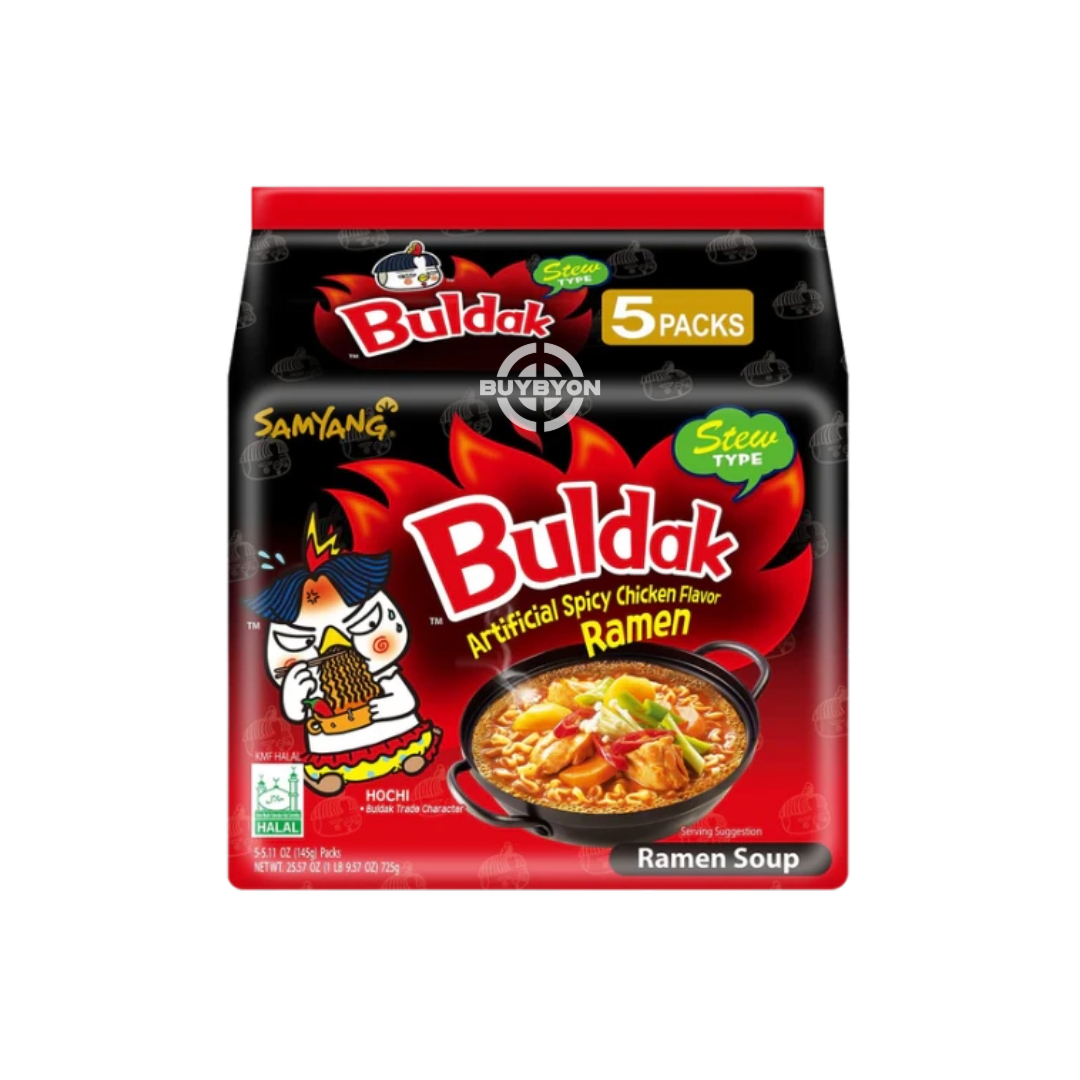 Samyang Buldak Stew Type Chicken Ramen, spicy Korean soup noodles with rich, savoury broth. Available at Buybyon UK for lovers of bold and fiery ramen.