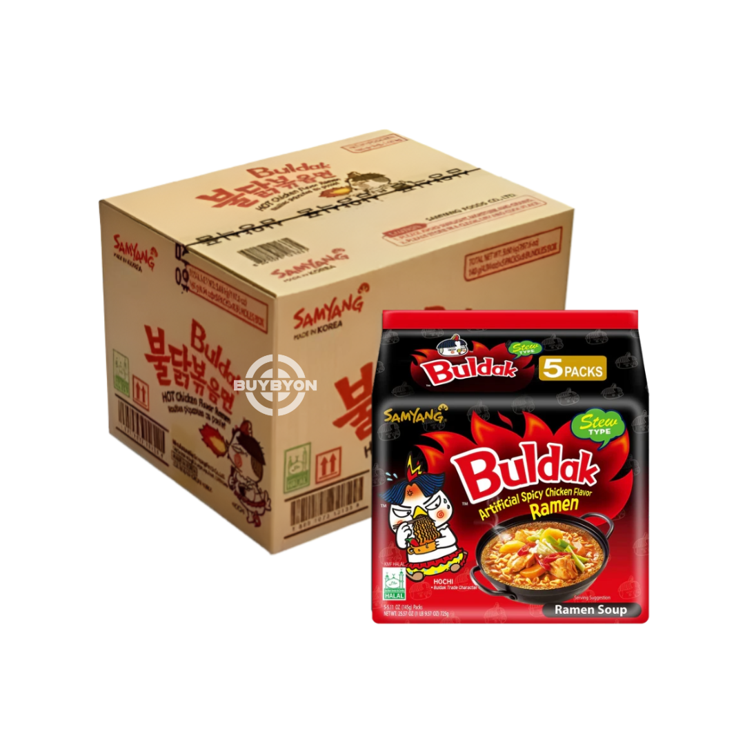 Samyang Buldak Stew Type Chicken Ramen, spicy Korean soup noodles with rich, savoury broth. Available at Buybyon UK for lovers of bold and fiery ramen.