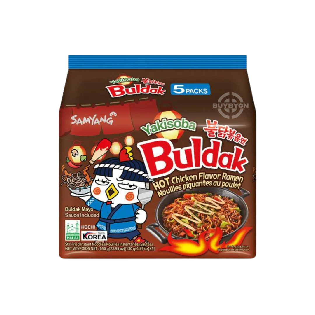 Samyang Buldak Yakisoba Hot Chicken Ramen, spicy stir-fried noodles with bold yakisoba flavour. Available at Buybyon UK for fast delivery to spice lovers.
