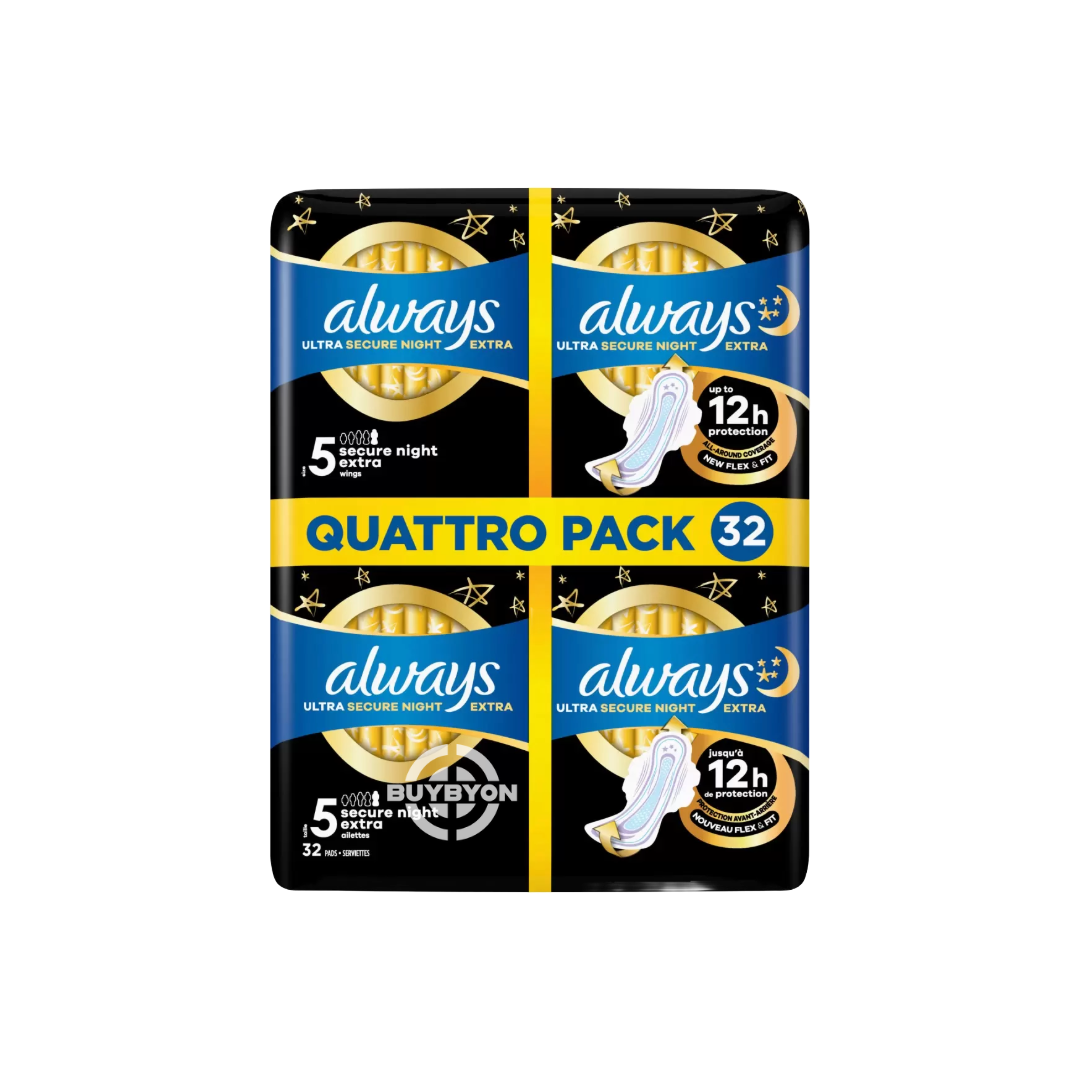 Sanitary Towels Quattro Pack Always Ultra Secure Night Extra Size 5 - 32 Pads, showing the packaging and design for superior overnight protection.