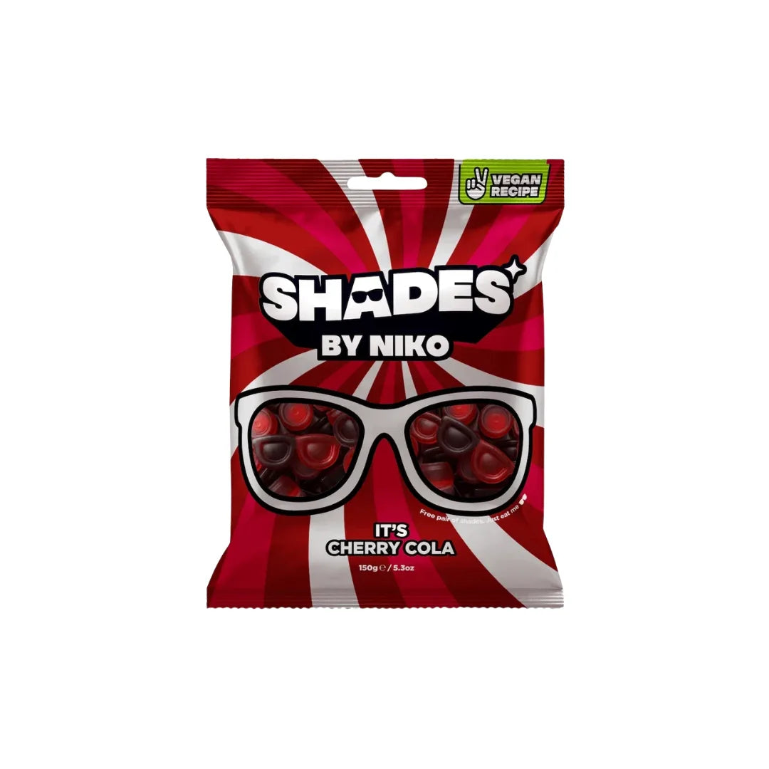 A bag of Shades by Niko It's Cherry Cola gummy candies, featuring a red and white sunburst design with a graphic of sunglasses filled with red gummies.