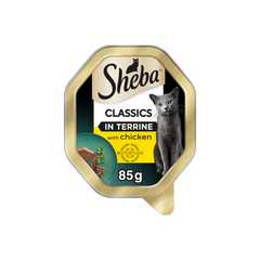 Sheba Classics in Terrine with Chicken - 85g pack, featuring tender chicken chunks in a smooth terrine for a gourmet cat meal. Available across the UK at Buybyon