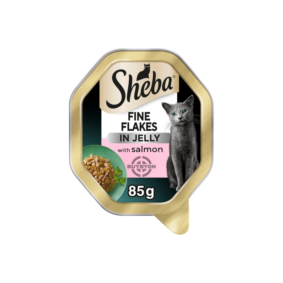 Sheba Fine Flakes in Jelly with Salmon - 85g pack, featuring delicate flakes of salmon in a tasty jelly for a gourmet cat meal. Available across the UK at Buybyon