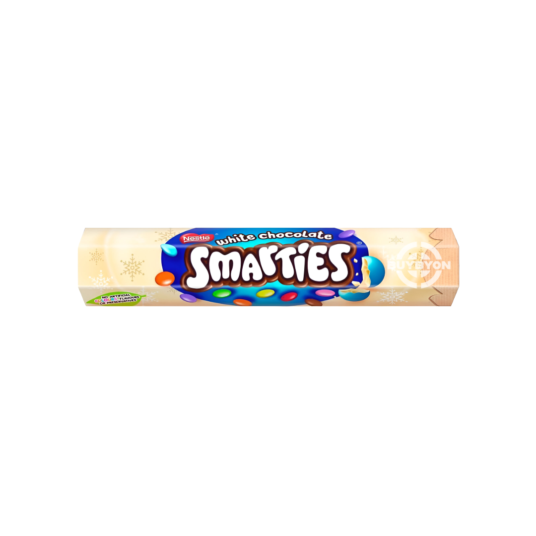 Smarties White Chocolate Giant Tube - 120g filled with vibrant, colourful white chocolate buttons with a crispy sugar shell.