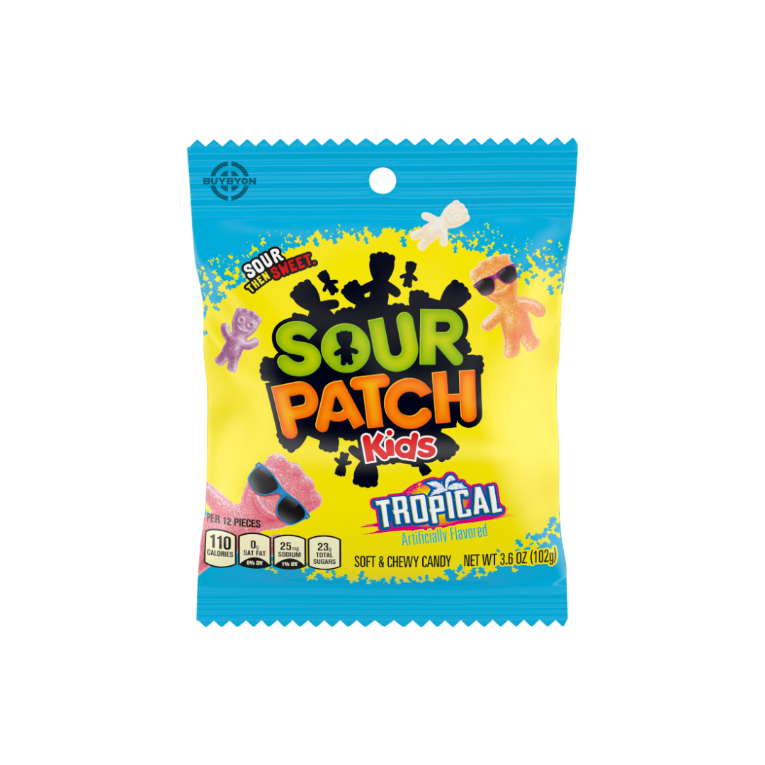 Sour Patch Kids Tropical - 102g pack, tropical-flavoured gummies with a sweet and sour kick.