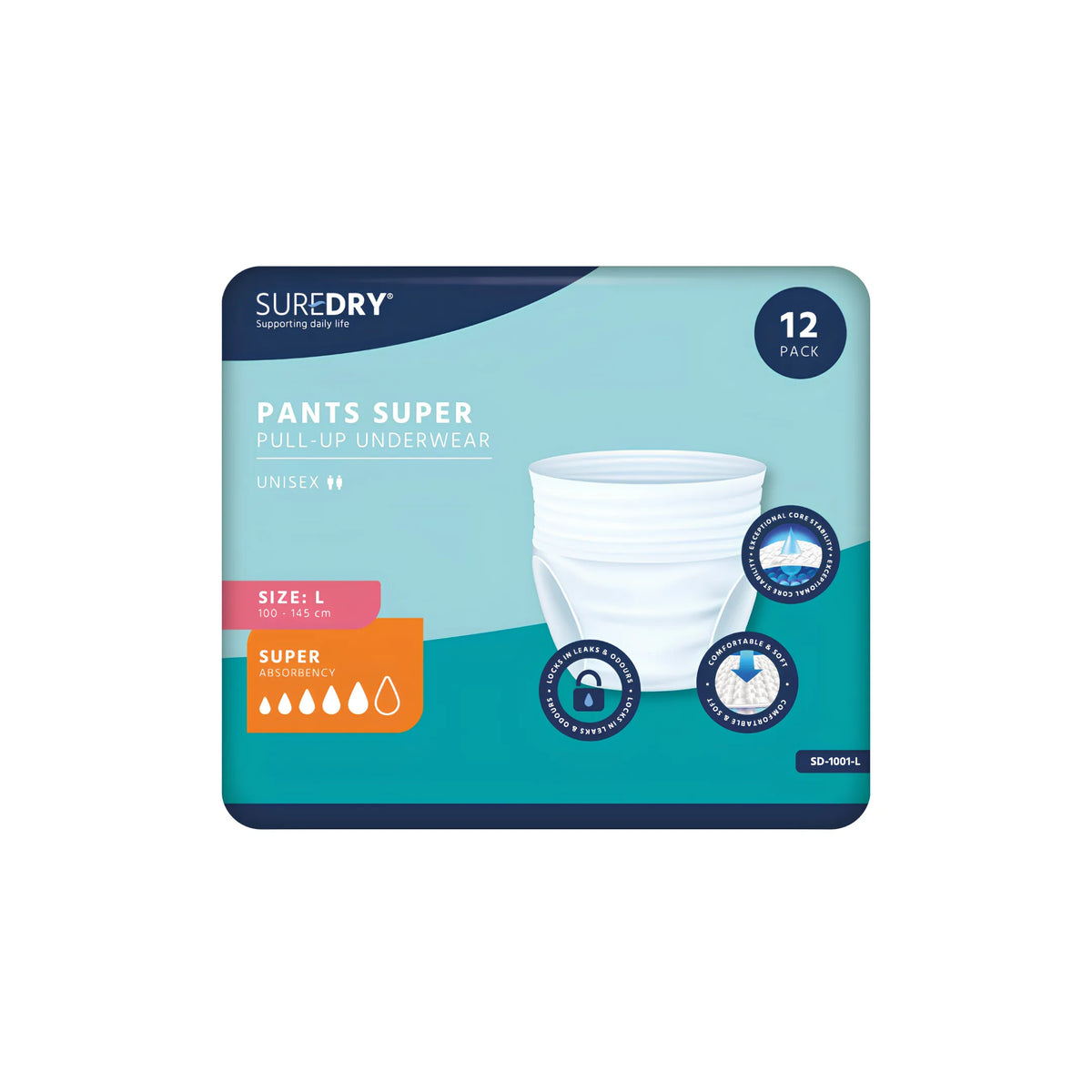 SureDry Incontinence Pants Super – Medium to X-Large Pack of 12