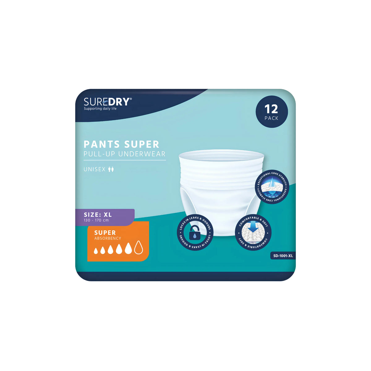SureDry Incontinence Pants Super – Medium to X-Large Pack of 12