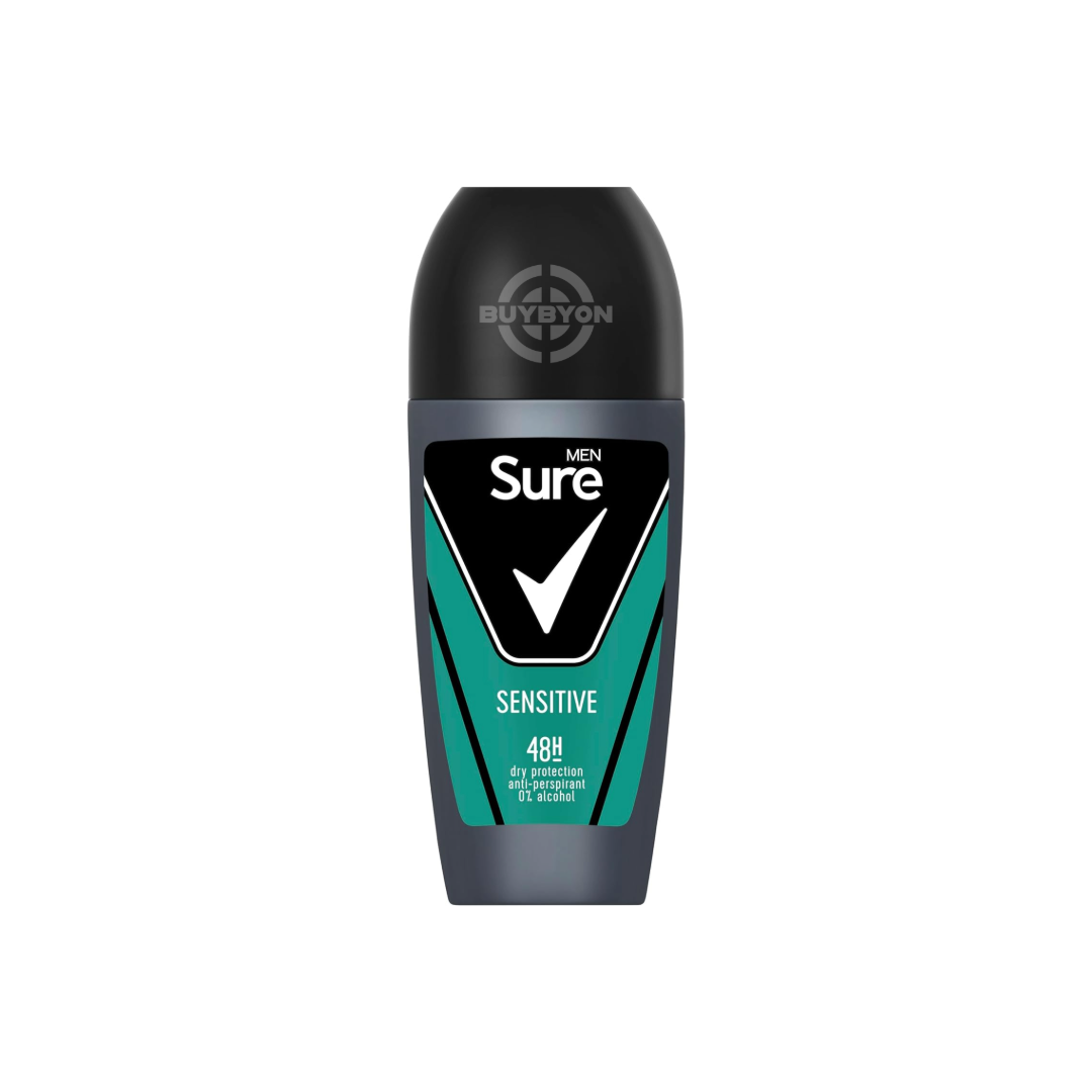 Sure Men Sensitive Antiperspirant Roll On - 50ml bottle, designed for sensitive skin with a gentle, alcohol-free formula for effective sweat and odour protection. Ideal for daily use with precise roll-on application.