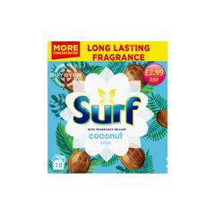 A 500g box of Surf Laundry Powder Coconut, featuring vibrant packaging with coconut imagery, highlighting the detergent’s tropical fragrance and powerful cleaning properties.