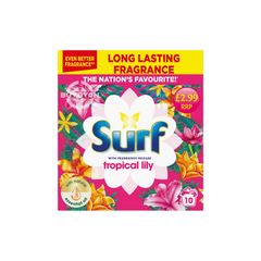 A 500g box of Surf Laundry Powder Tropical Lily, featuring vibrant packaging with tropical lily imagery, highlighting the detergent’s exotic fragrance and powerful cleaning capabilities.