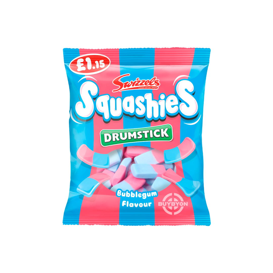 Swizzels Squashies Drumstick Bubblegum Flavour - 120g, featuring soft, chewy sweets in a fun bubblegum flavour, perfect for sharing.