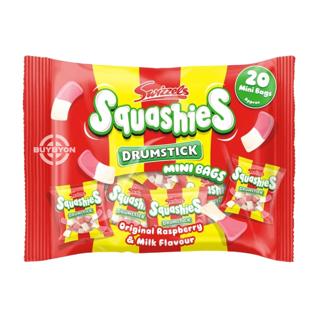 Swizzels Squashies Drumstick Raspberry &amp; Milk Flavour Multipack – 280g of soft, chewy sweets combining the classic flavours of raspberry and milk, perfect for snacking or sharing.