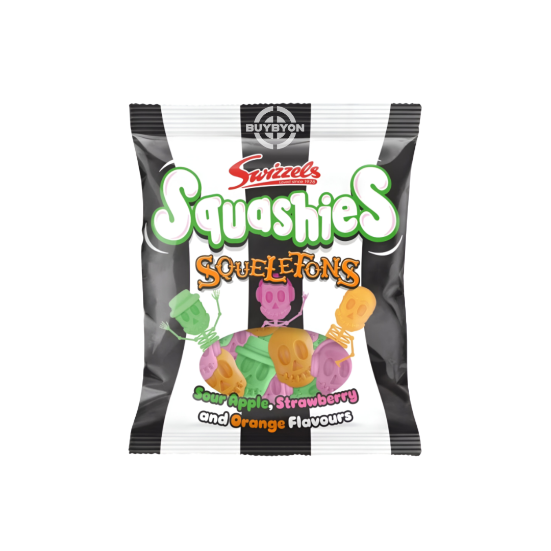 Swizzels Squashies Skeletons Bag - 120g featuring colorful soft and chewy sweets shaped like skeletons.