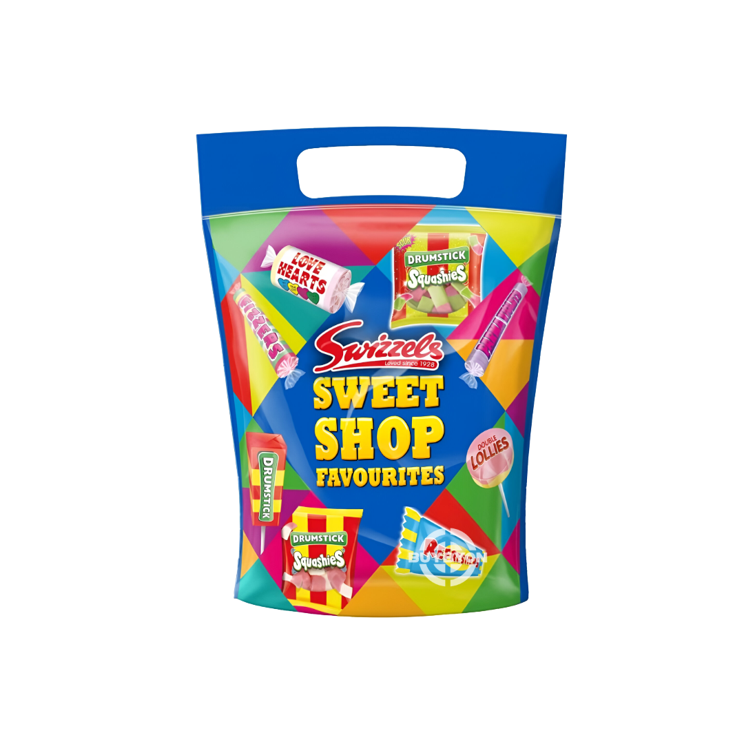 Swizzels Sweet Shop Favourites Pouch - 450g featuring a variety of classic sweets like Drumsticks, Refreshers, and Love Hearts.