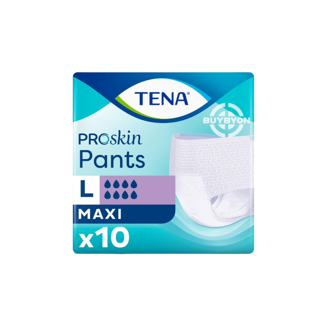 TENA Proskin Pants Maxi Large - Pack of 10, featuring the packaging and design for managing heavy incontinence.