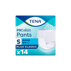 TENA Proskin Pants Plus Small - Pack of 14, highlighting the packaging and product design for managing moderate incontinence.