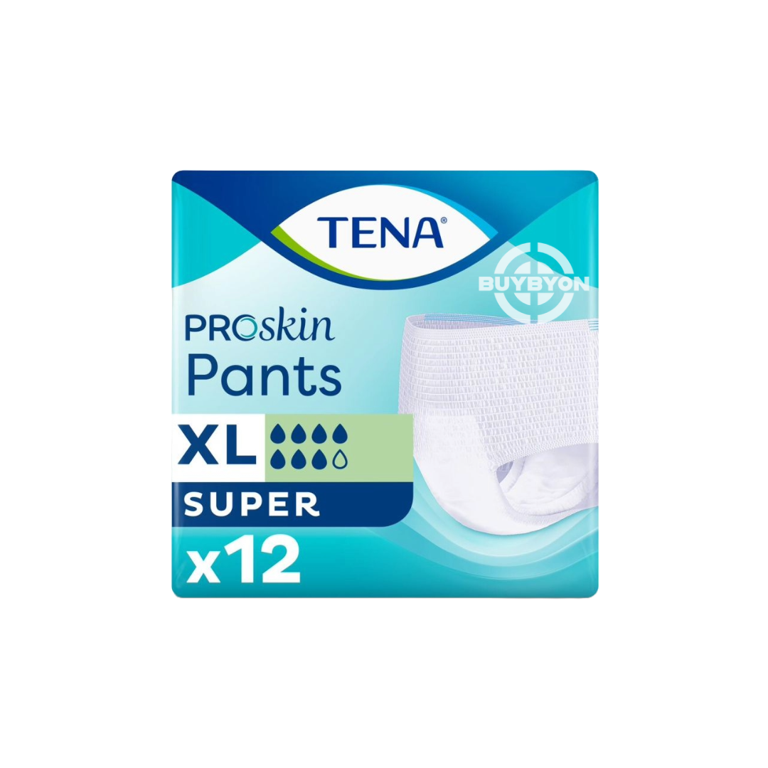 TENA Proskin Pants Super XL - Pack of 12, showcasing the product and packaging designed for heavy incontinence management.