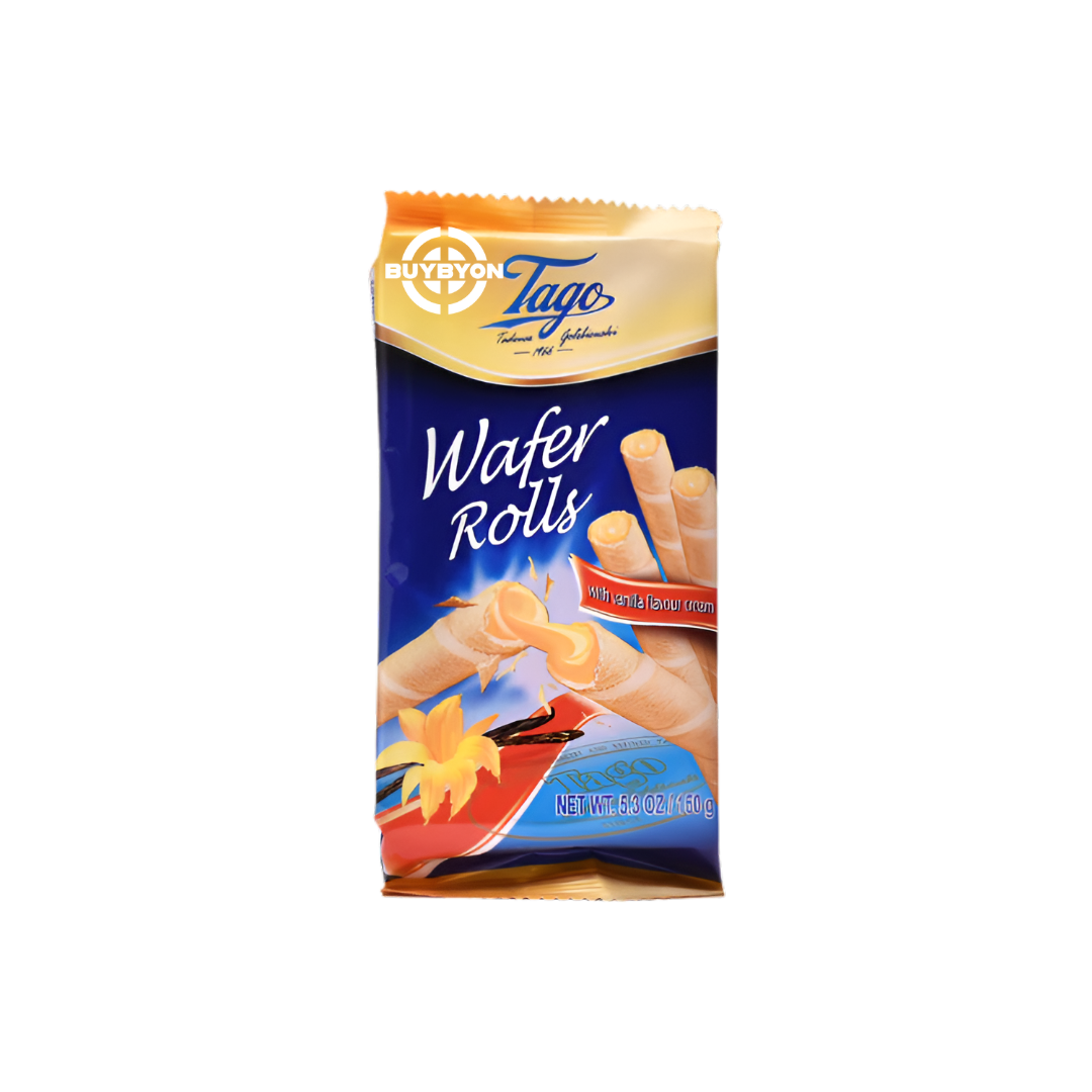 Tago Roll Wafers - Vanilla - 150g, crisp wafer rolls filled with creamy vanilla, perfect for snacking or coffee pairing.